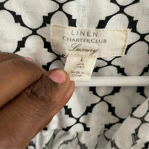 Linen Charter Club Luxury 100% linen white/black button down shirt L - Picture 2 of 5
